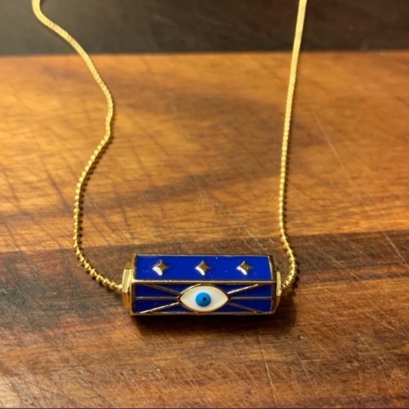 Evil Eye Charm Necklace 18k Ball Chain in Navy and Gold - Picture 2 of 6